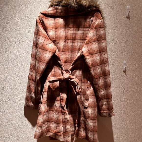FOREVER 21+ Cream Brown White Plaid Faux Fur Collar Tie Trench Pea Coat Jacket - Picture 4 of 4